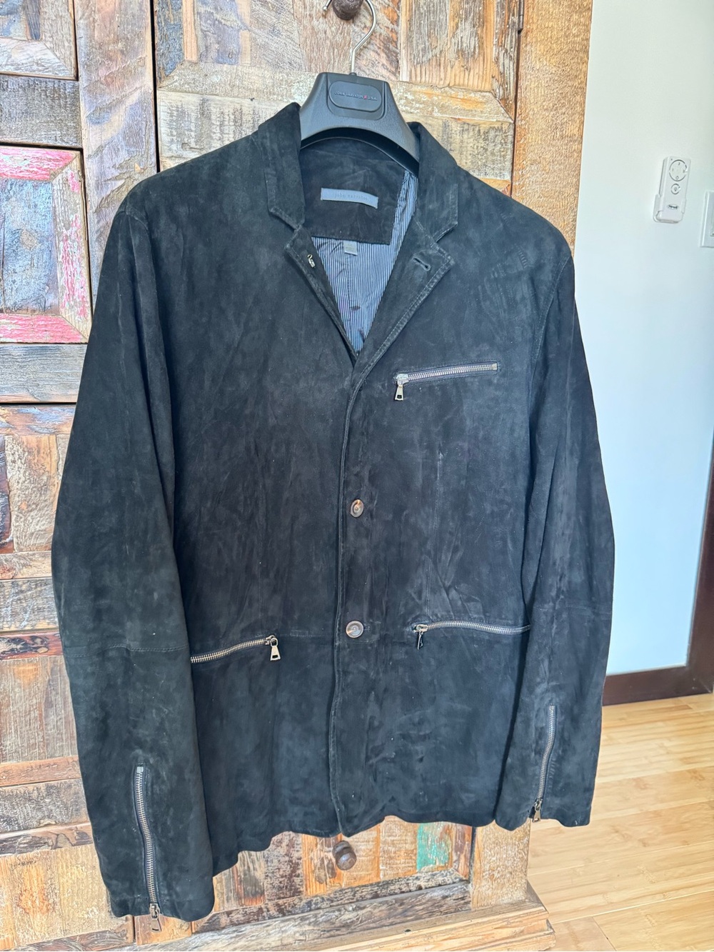 John Varvatos Black Suede Shirt Jacket with Zip Pockets